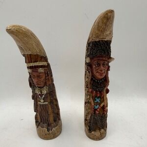 Vintage Faux Scrimshaw Native American Resin Carvings Tusk Style Figurines Set 2